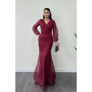 Simli Tül Kumaş Kruvaze Yaka Balık Elbise - Bordo