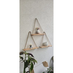 Çağla Design 3 Lü Dekoratif Ahşap Halatlı Duvar Rafı - Çiçeklik