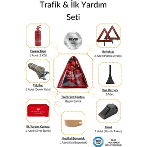 Üçgen Trafik ve Ilk Yardım Seti - Muayene Uyumlu 1 kg Araç Yangın Tüpü - 2 Adet Reflektör - Silver Pack