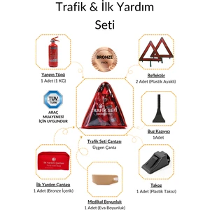 Üçgen Trafik ve Ilk Yardım Seti - Muayene Uyumlu 1 kg Araç Yangın Tüpü - 2 Adet Reflektör - Bronze Pack