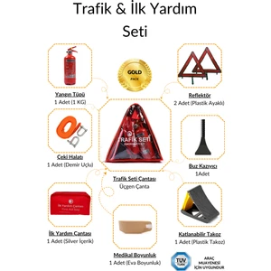 Üçgen Trafik ve Ilk Yardım Seti - Muayene Uyumlu 1 kg Araç Yangın Tüpü - 2 Adet Reflektör - Gold Pack