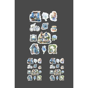 Blue Lady -12 Parçalı - Vintage Mavi Sticker Set -3 Adet- Parlak Kağıt