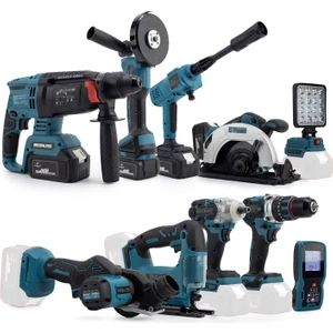 Onlu Set (Led Işık + Kırıcı Delici Matkap+Avuç Taşlama+Somun Sıkma+Vidalama+Sunta Kesme+Dekupaj+Lazer Metre+Oto Yıkama+Çok Fonksiyonlu Avuç Taşlama)
