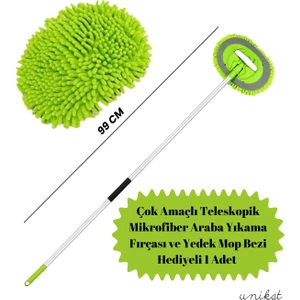 Çok Amaçlı Teleskopik Mikrofiber Araba Yıkama Fırçası Yedek Mop Bezli 1 Adet – Saplı ve Ele Geçirmeli Kullanım Yeşil