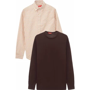 Ds Damat Slim Fit Camel Pamuk Karışımlı 2'li Bisiklet Yaka Triko ve Gömlek