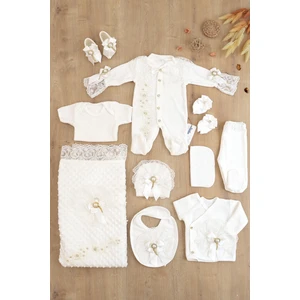 Kız Bebek Kadife Kumaş Beyaz Dantelli Taşlı Lüks 10 Lu Hastane Çıkışı Set STL6829