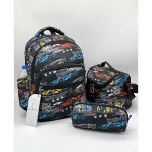 Erkek Çocuk Ilkokul Çantası Karakter Baskılı Çok Bölmeli  3'lü Takım Araba Baskılı Siyah Ilk Okul Çantası