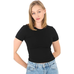 Crop Slim Fit Pamuk Likra Tişört-Siyah