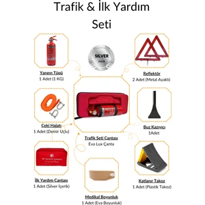 Eva Trafik ve Ilk Yardım Seti - Muayene Uyumlu 1 kg Araç Yangın Tüpü - 2 Adet Reflektör - Silver Pack