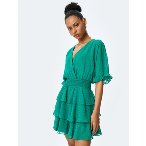 Katlı Volanlı Kruvaze Yaka Puantiyeli Gipeli Mini Elbise