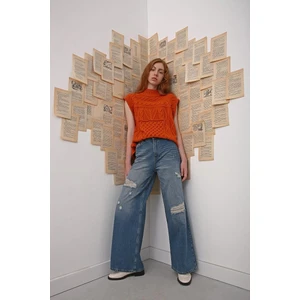 MAVI01-YIRTIK Detaylı Bol Paça Denim Pantolon