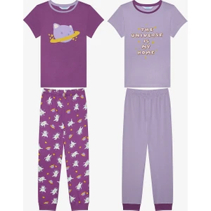 Pamuklu Kız Çocuk Universe 2li Çok Renkli Pijama Takımı