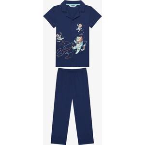 Pamuklu Erkek Çocuk Catstronaut Gömlek Koyu Mavi Pijama Takımı
