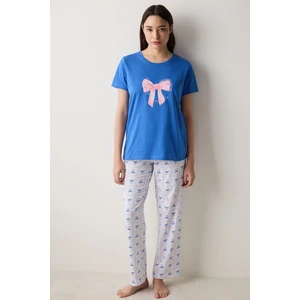 Pamuklu Fancy Bows Pantolon Mavi Pamuklu Pijama Takımı