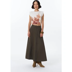 Beli Lastikli Pileli Basic Midi Etek Haki