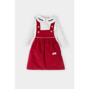 Kız Bebek 2'li Takım Bebe Yaka Uzun Kollu Üst Fitilli Kadife Salopet Elbise D6514A524WN
