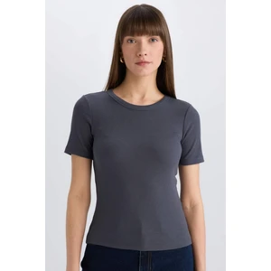 Slim Fit Dar Kesim Bisiklet Yaka Fitilli Kaşkorse Basic Düz Kısa Kollu Tişört C0097AX25SP