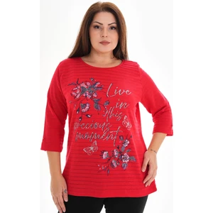 Kırmızı Taş Işlemeli 4/3 Kol Bluz