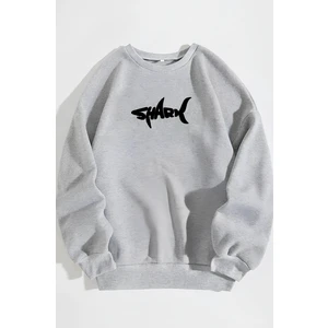 Shark Baskılı Sweatshirt Geniş Kalıp Ribanalı Sıfır Yaka