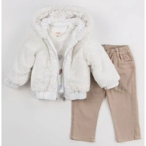 Kız Bebek-Çocuk Kapüşonlu Peluş Hırka Mont Iç Badili Gabardin Kumaş Pantolon Üçlü Takım