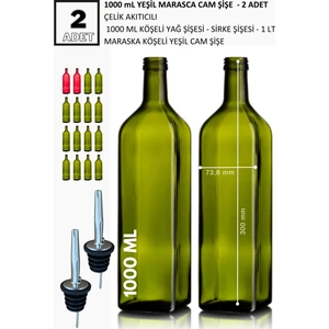 2 Ad X 1000 Ml Yeşil Marasca Cam Şişe  + Çelik Akıtıcılı  Yağ Şişesi - Sirke Şişesi - Yağdanlık -Sosluk