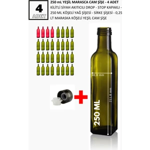 4 Adet X 250 Ml Yeşil Maraska Cam Şişe Yağdanlık-Sirkelik-Sosluk + Drop-Stop Kapak