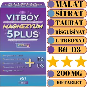 Magnezyum 5 Plus 60 Tablet 200 mg Malat-Bisglisinat-Sitrat-L-Treonat-Taurat-B6-D3