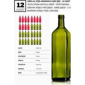 12 adet x 1000 ml Yeşil Maraska Yağdanlık,Sosluk, Sirkelik -Drop  Kapaklı Köşeli Cam Şişe