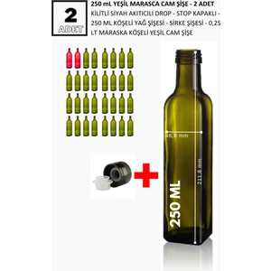 2 Adet X 250 ml Yeşil Maraska Cam Şişe, Drop Kapaklı Cam Yağdanlik, Sosluk,  Sirke Şişesi