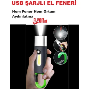 USB Şarjlı El Feneri Hem Fener Hem Ortam Aydınlatma Kancalı Flaşör Kamp , Cep , Kamp Çantası ,lamba