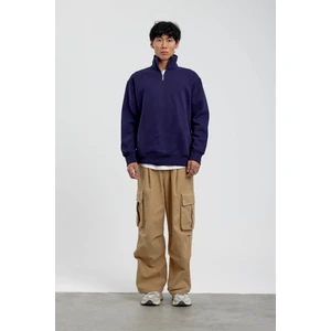 Lacivert Yakası Fermuarlı Basic Şardonlu Sweatshirt