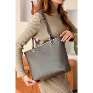 Just Polo Kadın Büyük Boy Suya Dayanıklı Gri Lakoste Kumaş 4 Gözlü El ve Omuz Çantası PBU2170