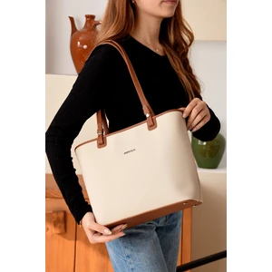 Just Polo Kadın Büyük Boy Suya Dayanıklı Krem Taba Lakoste Kumaş 4 Gözlü El ve Omuz Çantası PBU2170