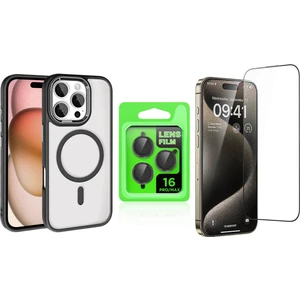 iPhone 16 Pro Max Kılıf Wireless Şarj Özellikli Zore Krom Magsafe Silikon Kapak + Ekran Koruyucu + Kamera Lens Koruyucu Set