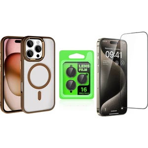 iPhone 16 Pro Max Kılıf Wireless Şarj Özellikli Zore Krom Magsafe Silikon Kapak + Ekran Koruyucu + Kamera Lens Koruyucu Set