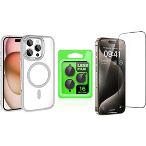 iPhone 16 Pro Max Kılıf Wireless Şarj Özellikli Zore Krom Magsafe Silikon Kapak + Ekran Koruyucu + Kamera Lens Koruyucu Set