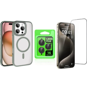 iPhone 16 Pro Kılıf Wireless Şarj Özellikli Zore Krom Magsafe Silikon Kapak + Ekran Koruyucu + Kamera Lens Koruyucu Set