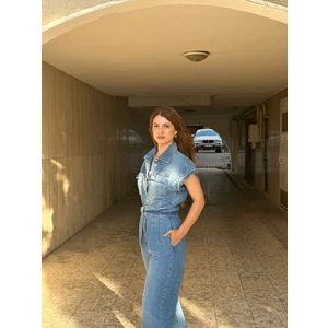 Mare Butik Cepli Düşük Kollu  Önden  Düğmeli Kuşaklı Kot Tulum