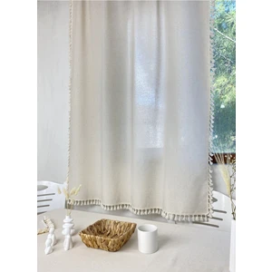 Krem Püsküllü - Ponponlu  Pamuklu Vintage Natural Buldan Keten Perde Güneşlik & Fon - En  x  Boy
