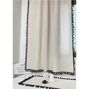 Siyah Püsküllü - Ponponlu  Pamuklu Vintage Natural Buldan Keten Perde Güneşlik & Fon - En  x  Boy