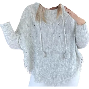 Kadın Kapüşonlu Ponpon Detay Triko Panço JB09114789