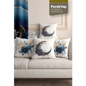 Perdeyap Mavi Çiçek ve Hilal Desenli 4lü Dijital Baskılı Dekoratif Kırlent Kılıfı 43 x 43 cm 051