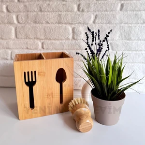 Yeninesilevim 2 Bölümlü Gözlü Ahşap Bambu Çatal Kaşıklık Organizer Tezgah Üstü Düzenleyici 10*16*16 cm