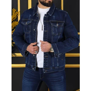 By Srt Giyim Erkek Koyu Mavi Jean Denim Standart Kalıp  Pamuk Cepli Düğmeli Kot Ceket