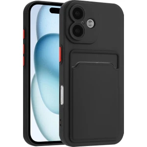 Apple iPhone 16 Kılıf Kamera Korumalı Kartlıklı Cüzdanlı Kırmızı Tuşlu Siyah Silikon Kapak