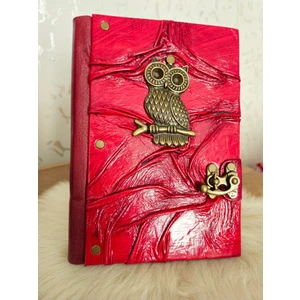 Hakiki Deri Kırmızı Baykuş El Yapımı Defter