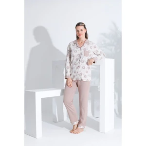 Pamuklu Önden Düğmeli  Uzun Kol Kadın Pijama Takımı Açık Kahve