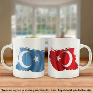 Asil Hediyelik Çift Yön Baskılı Doğu Türkistan ve Türkiye Bayrağı Kupa Bardak