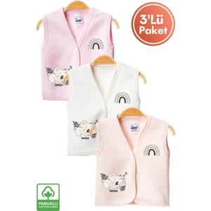Unisex Bebek Koala Baskılı Organik Pamuklu 3-6-9 Ay 3lü Kapitone Bebek Yelek Set