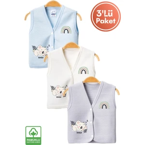 Unisex Bebek Koala Baskılı Organik Pamuklu 3-6-9 Ay 3lü Kapitone Bebek Yelek Set